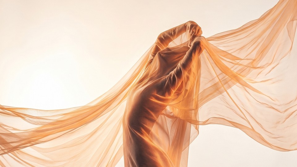 The image features a woman's face viewed through a rippled glass surface, creating a distorted, abstract effect against a warm, golden background.