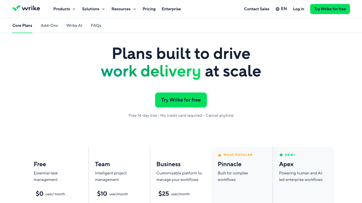 Wrike pricing page showing Free, Team, Business, Pinnacle, and Apex plans
