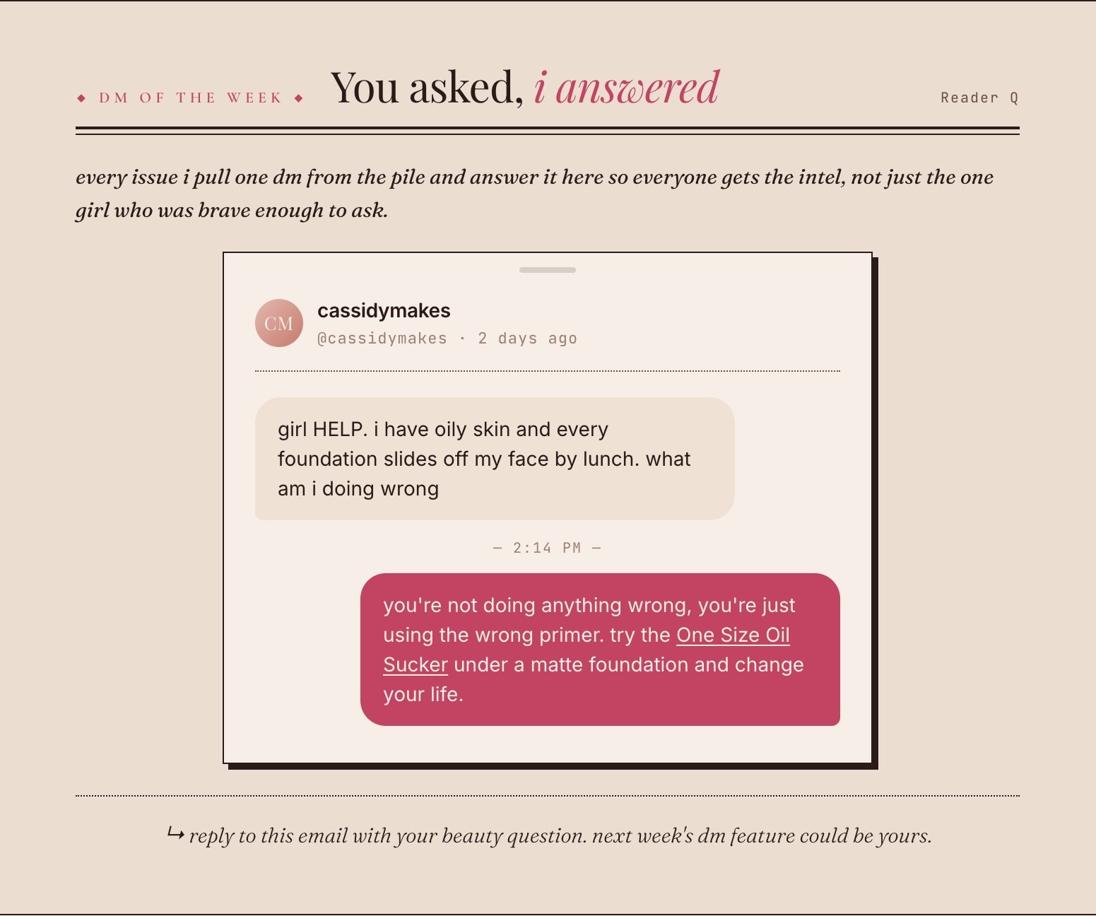 Preview: The DM of the Week reader block from the mockup below