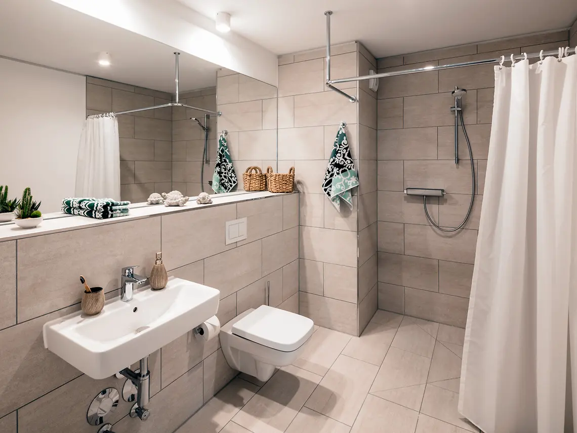 Modern private bathroom in student accommodation in Frankfurt with walk-in shower