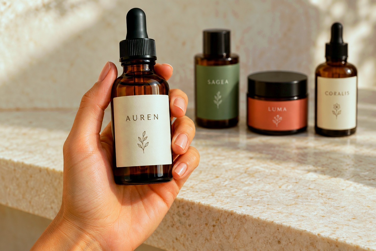 A hand holding a single labelled serum bottle at a beauty counter.