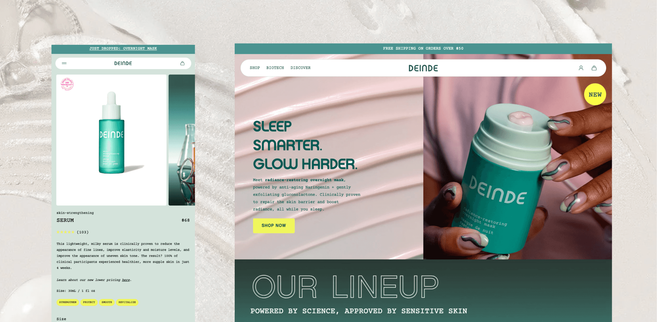 Deinde Shopify homepage highlighting premium skincare merchandising