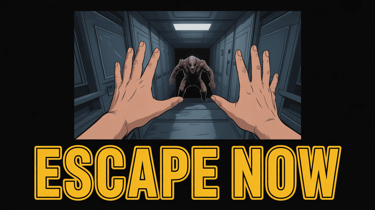 First-person hands reaching toward metal escape door while shadowy creature stalks corridor with ESCAPE NOW text