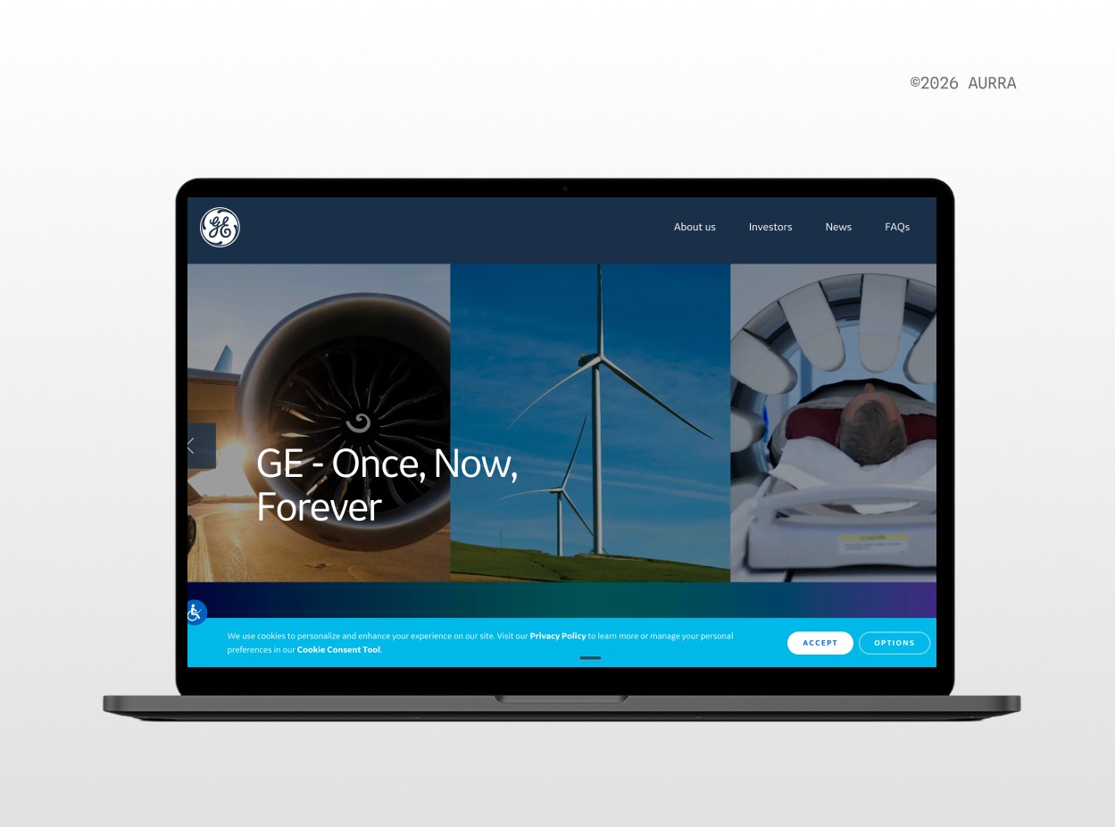 GE homepage using deep navy as its primary brand color, the incumbent choice across industrial and enterprise B2B