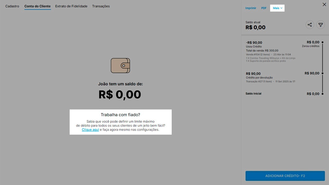 Tela de conta do cliente do sistema Nex, com saldo zerado e link para configuração de limite de débitos em destaque.