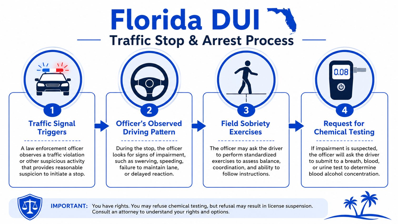 A flowchart infographic illustrating the four stages of a Florida DUI traffic stop and arrest process.