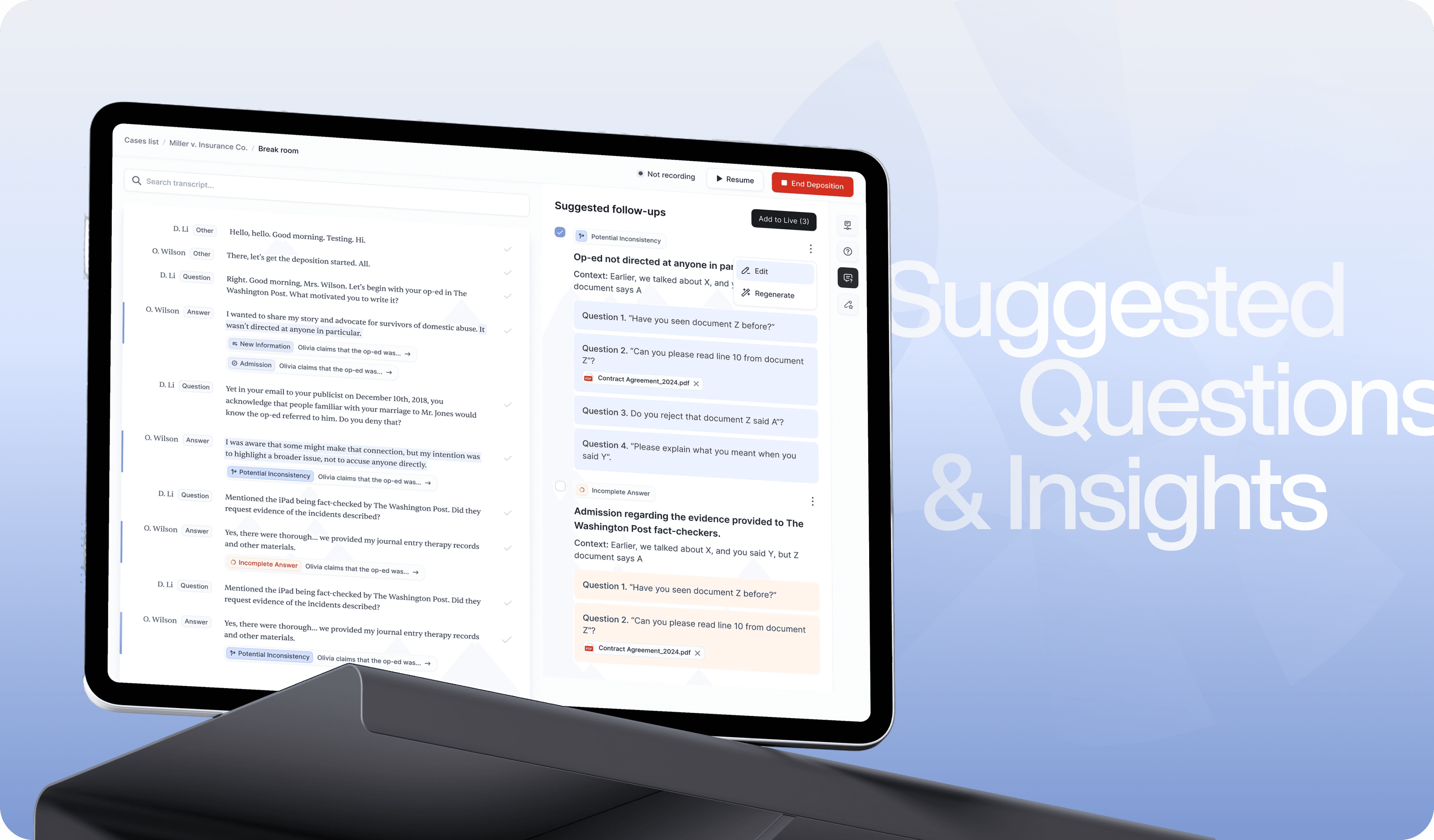 A laptop screen displaying a webpage with questions and insights, set against a soft gradient background.