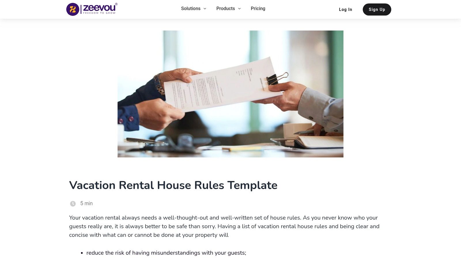 A screenshot of the Zeevou house rules template PDF, showing a clean, two-column layout with clear headings like 