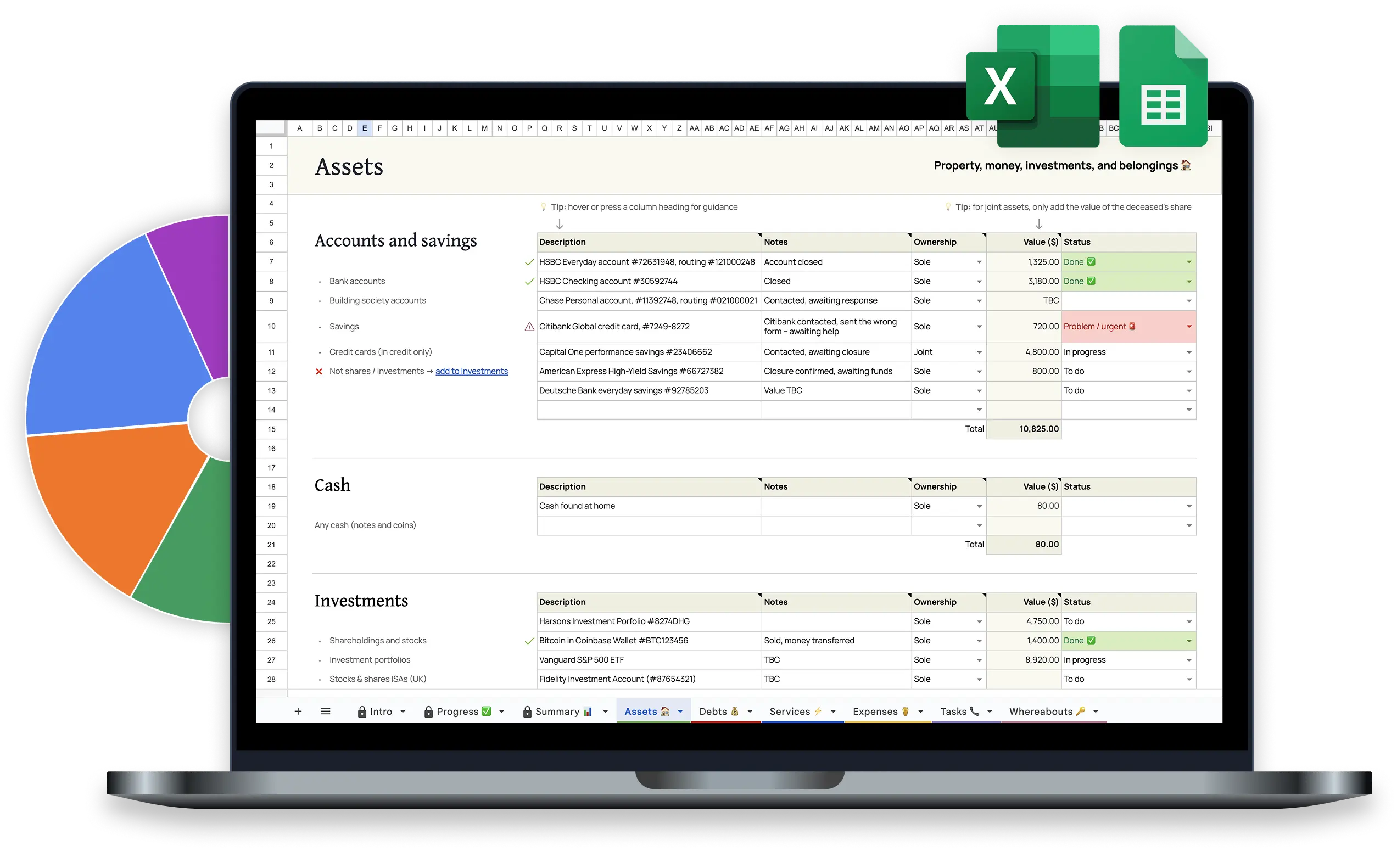 Computer with spreadsheets for probate and end of life planning for executors and families