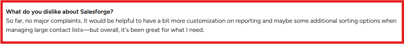 Salesforge G2 review about reporting feature