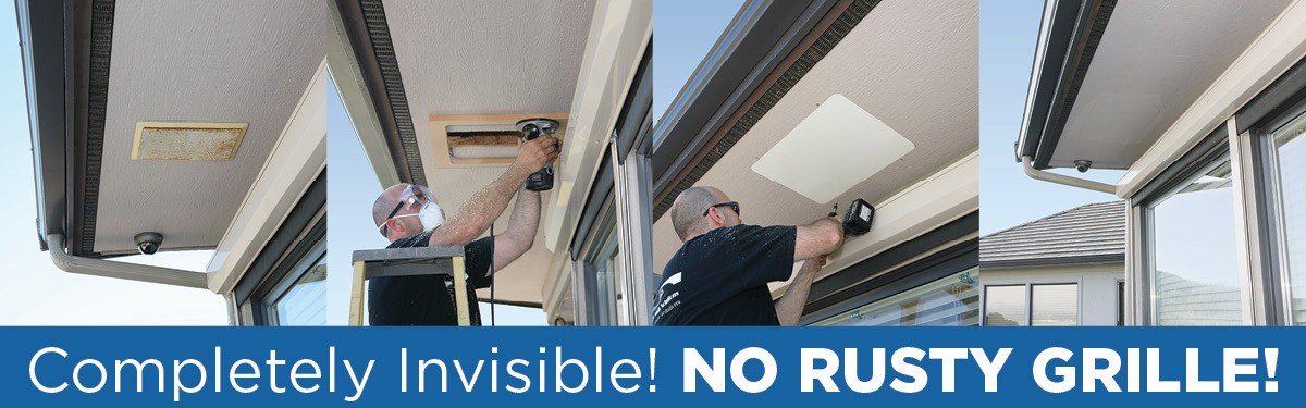 Men installing ceiling vents, text "Completely Invisible! NO RUSTY GRILLE!"