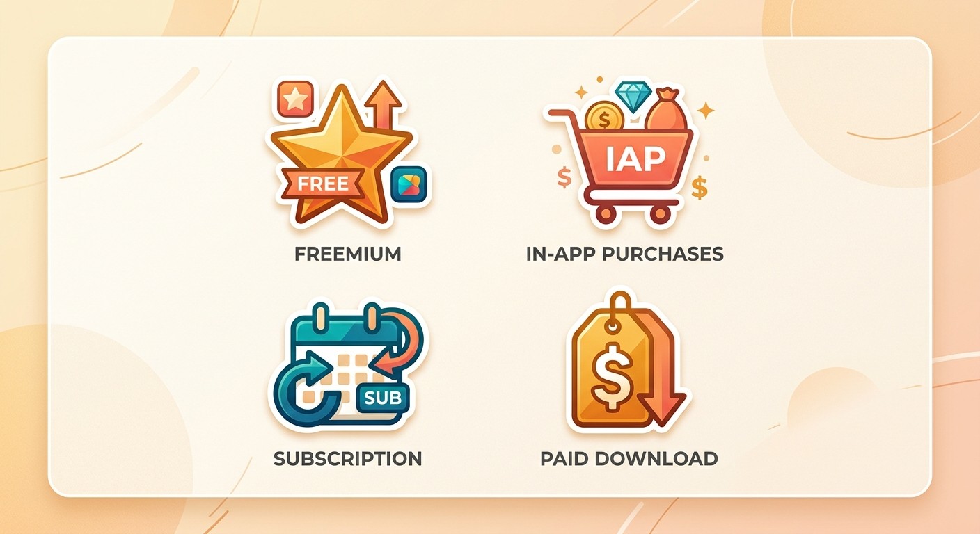 Four app monetization models: freemium, in-app purchases, subscription, and paid download