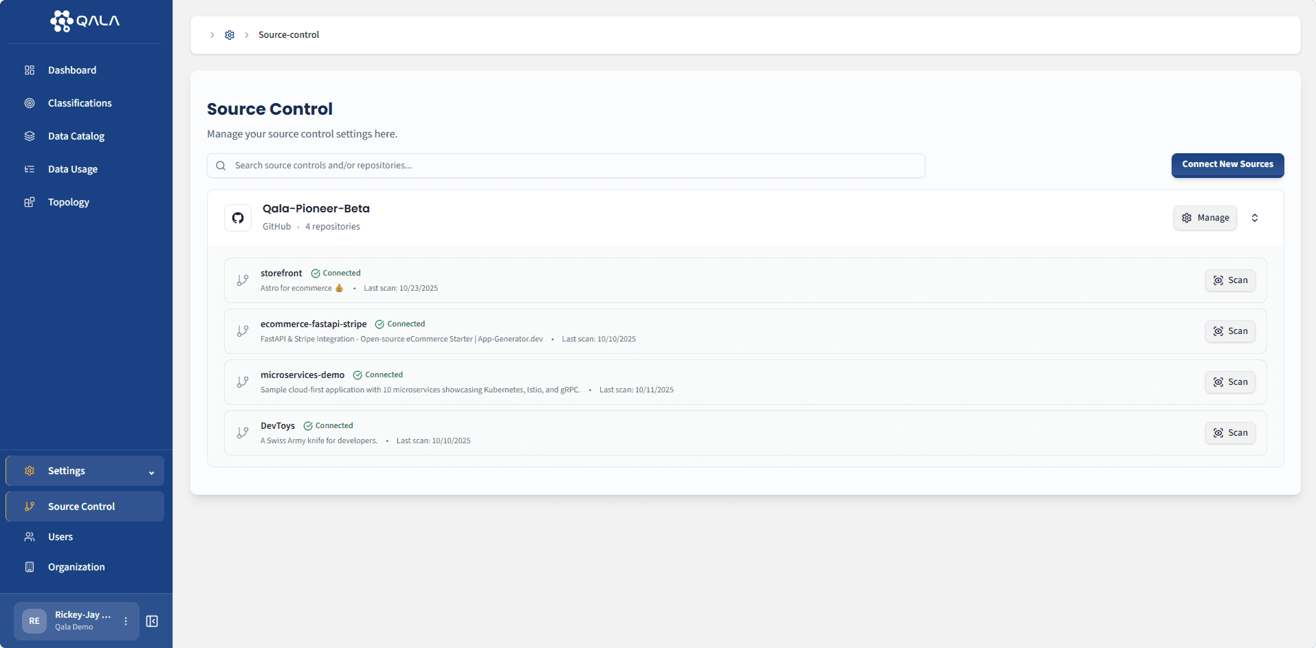 Qala settings dashboard showing source control integrations with automated scanning and monitoring. Provides real-time data visibility and continuous at-rest and in-transit data monitoring, enabling fast compliance setup without developer disruption.