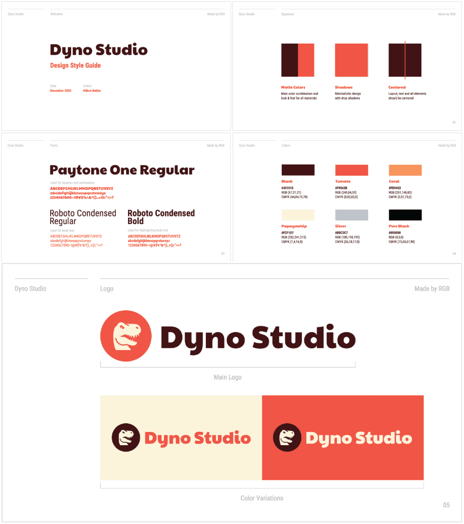 Brand style guide for Dyno Studio with logo, colour palette and typography pages