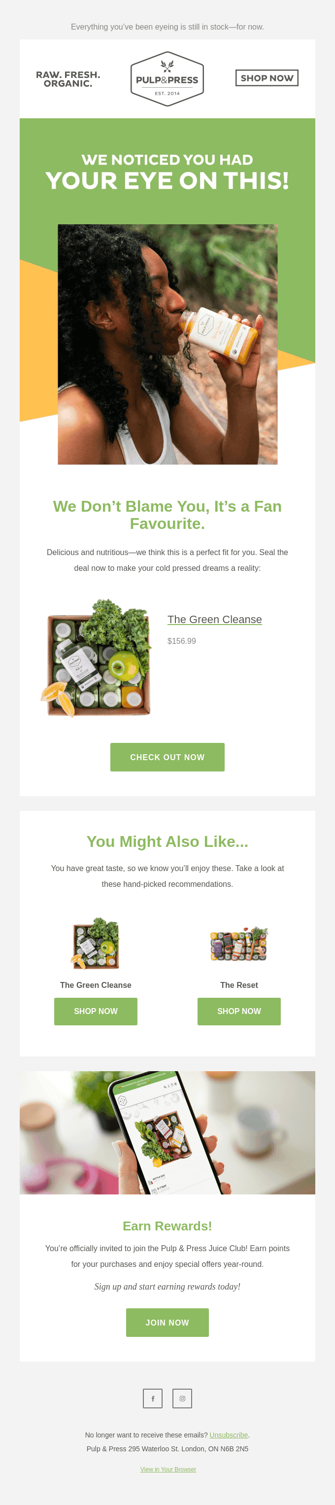 Pulp & Press browse abandonment email featuring The Green Cleanse juice, tailored product suggestions, and a Check Out Now button to drive conversions