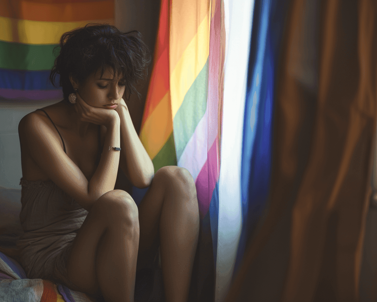 LGBTQ woman sits and think