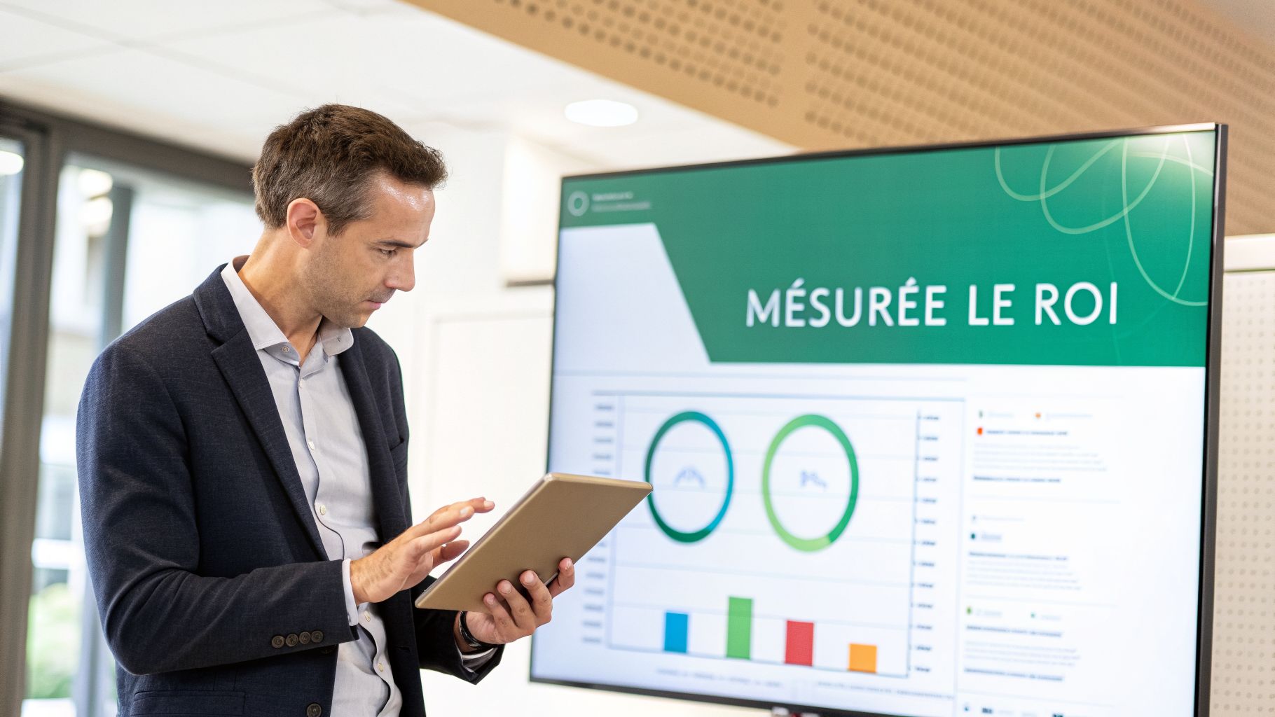 Un homme analyse des données sur une tablette devant un écran présentant des graphiques d'affaires et les résultats.