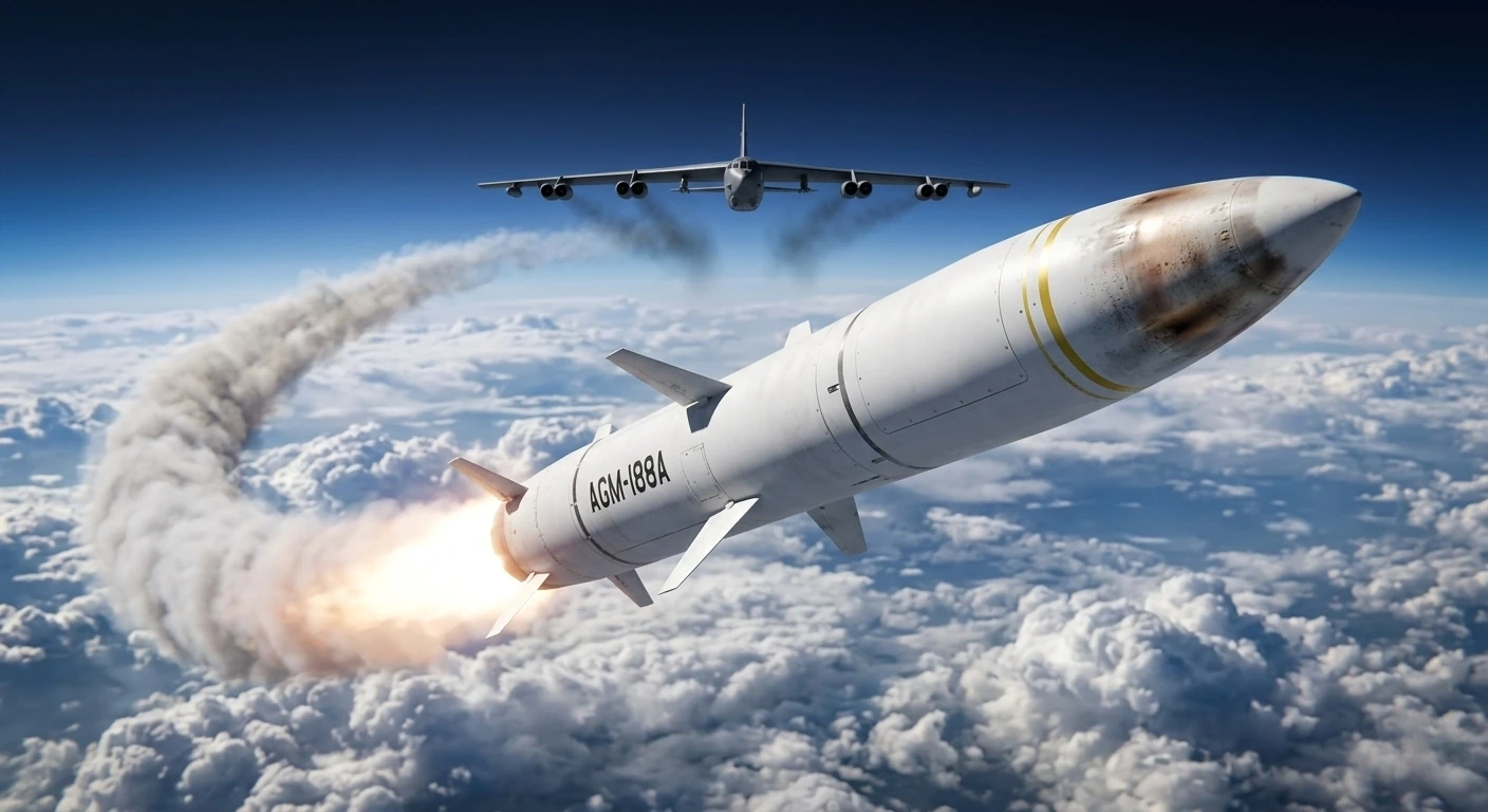 A hypersonic missile with a fiery exhaust trail soaring high above the clouds after being launched from a military bomber aircraft in the background. This illustrates advanced aerospace programs creating new supply chain opportunities for federal contractors.