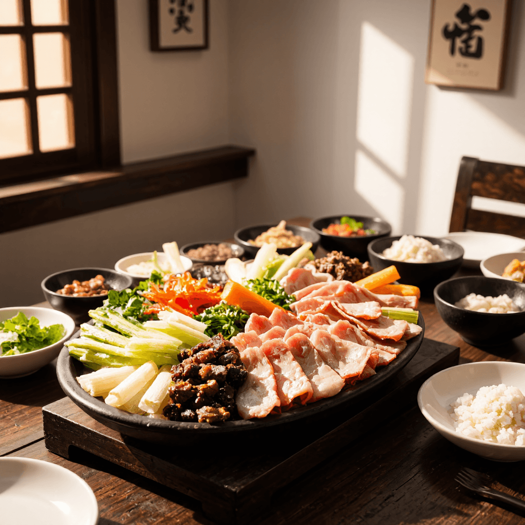 product photography of a platter of assorted Korean dishes including sliced meats, vegetables, and side dishes