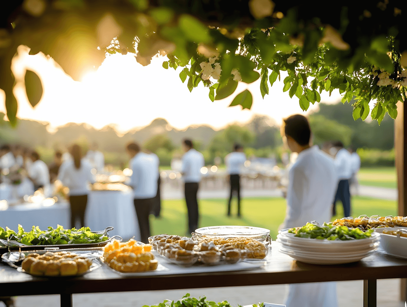 Réception extérieur avec une table remplie de plats préparés par La Table de Cana