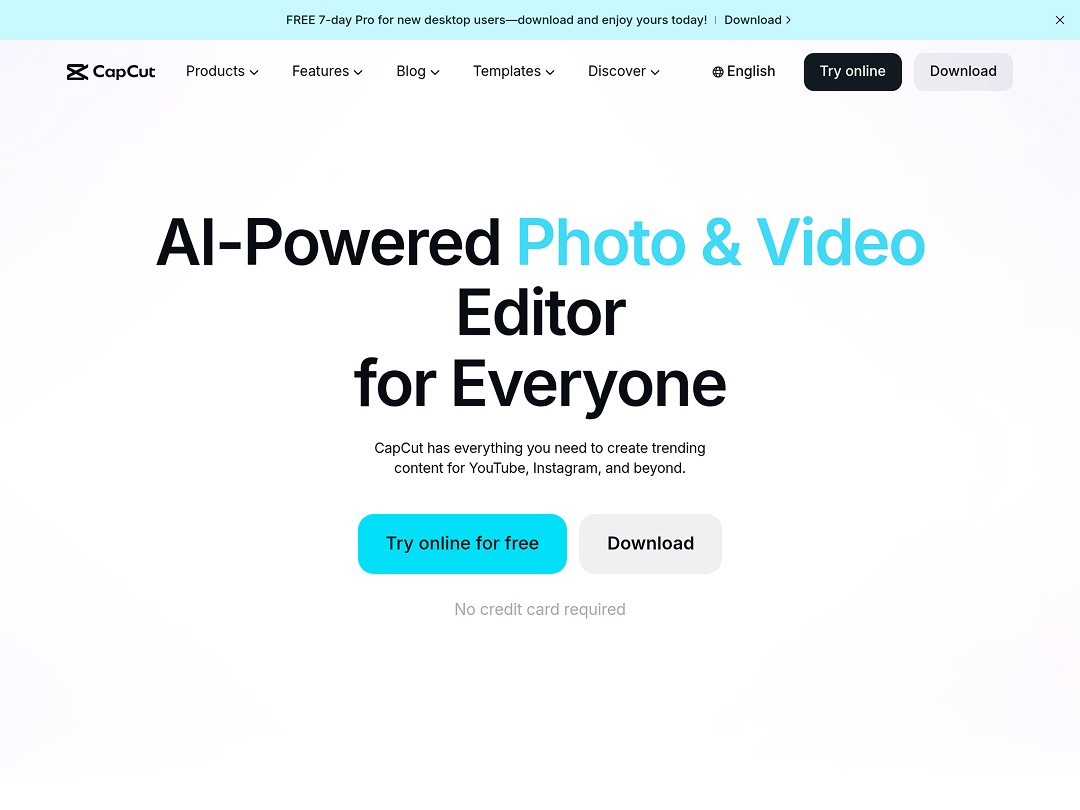 CapCut website promoting AI photo and video editor with free trial and download.