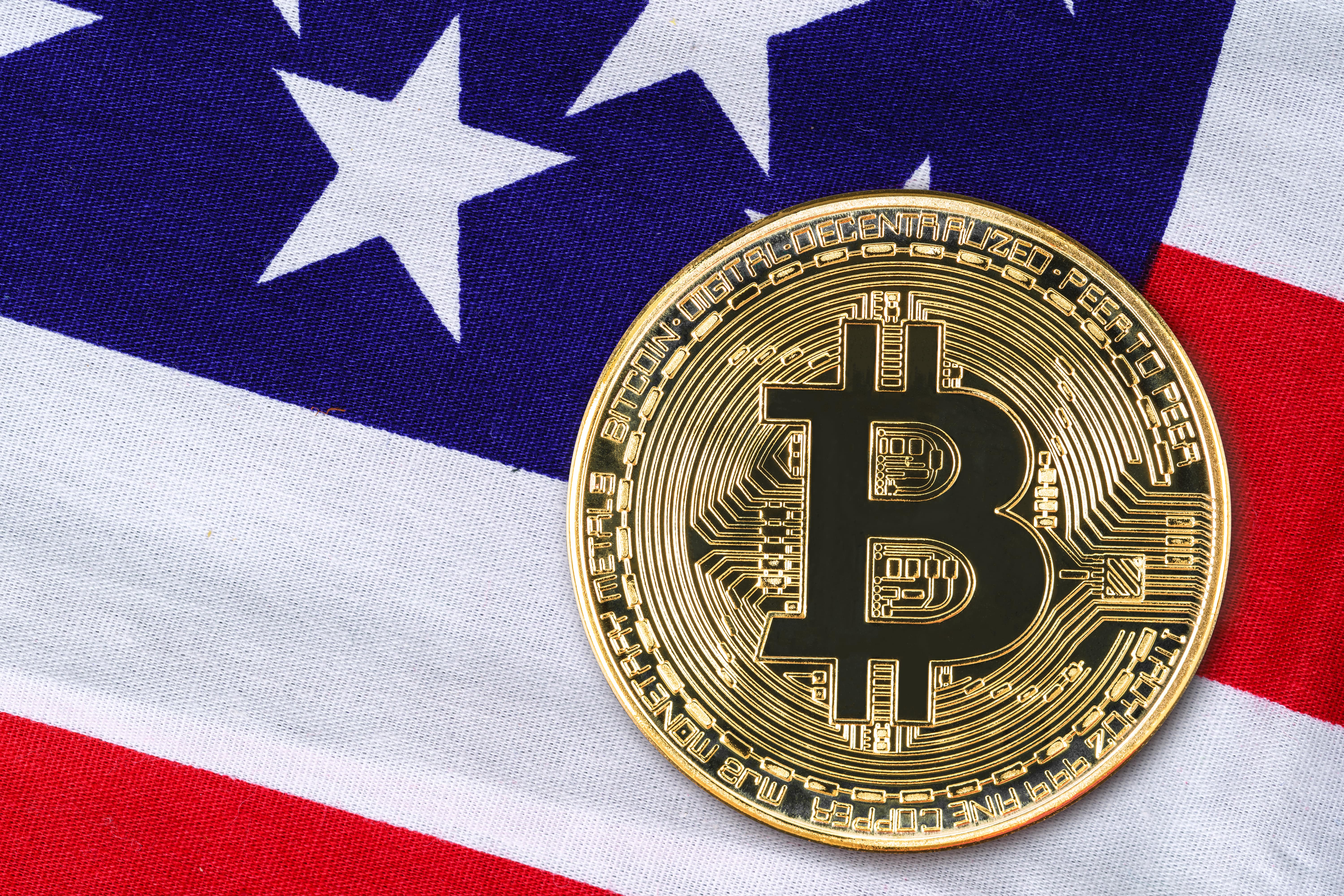 bitcoin on an american flag zoomed up