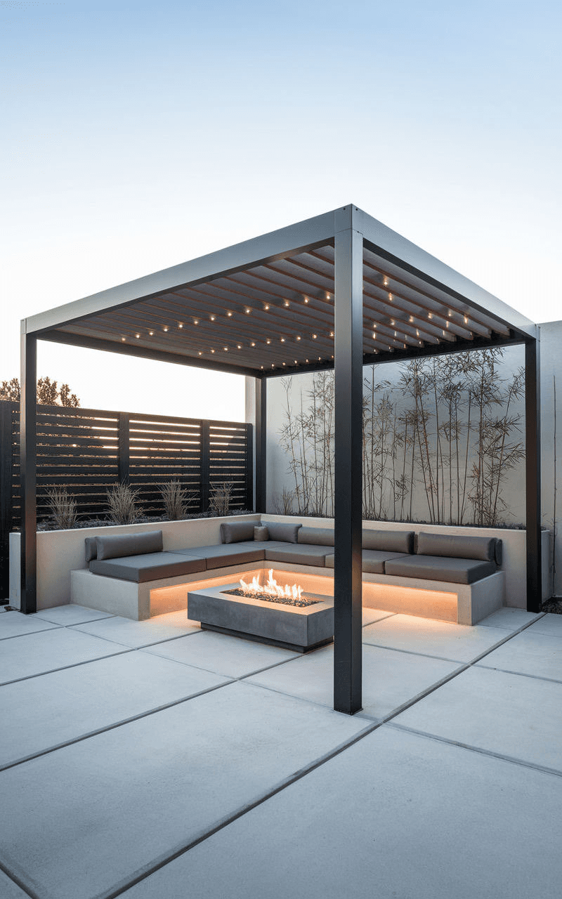 Modern pergola with fire feature and seating
