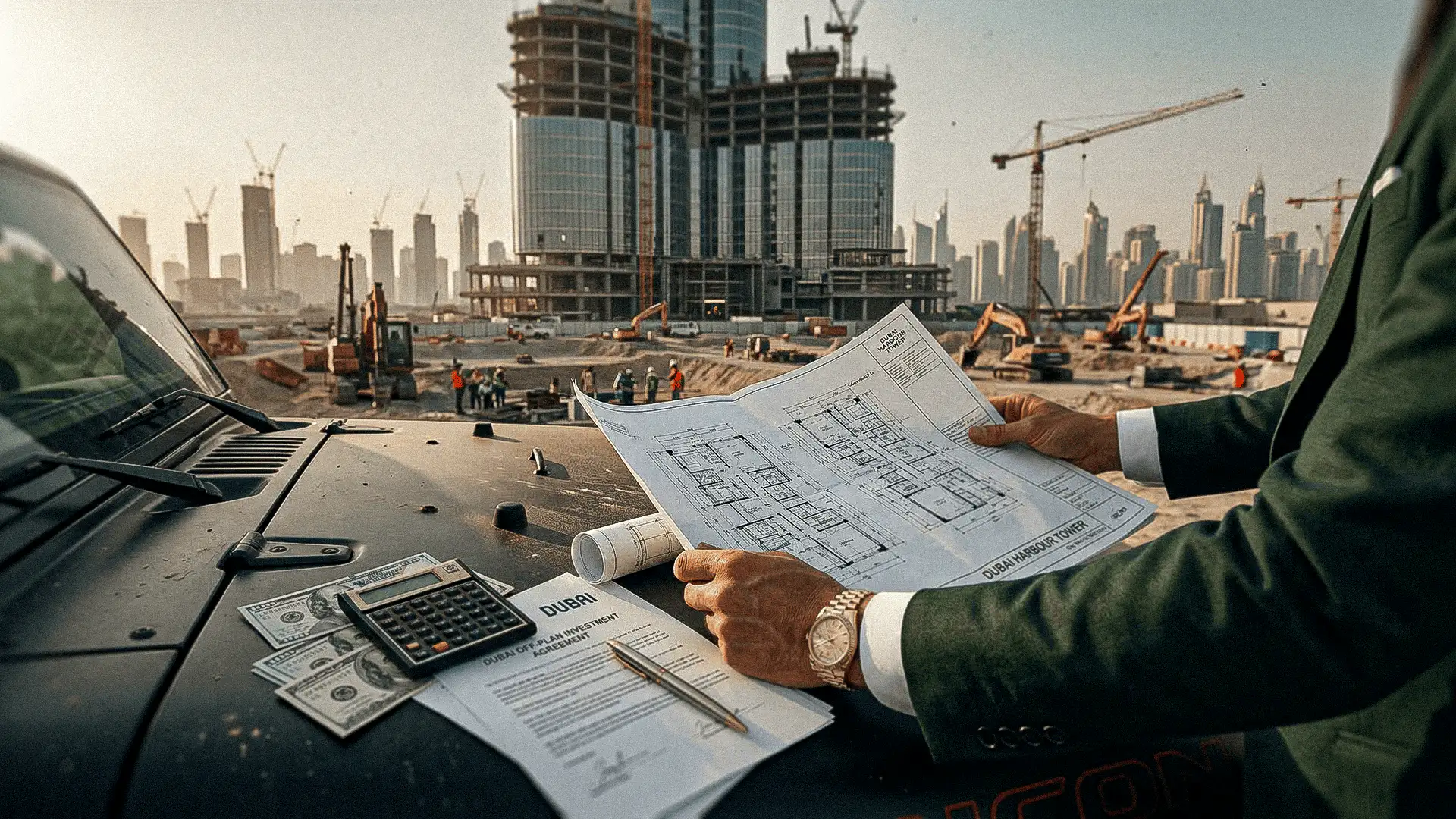 Desarrollo inmobiliario en ciudad moderna con revisión de planos y documentación de inversión.