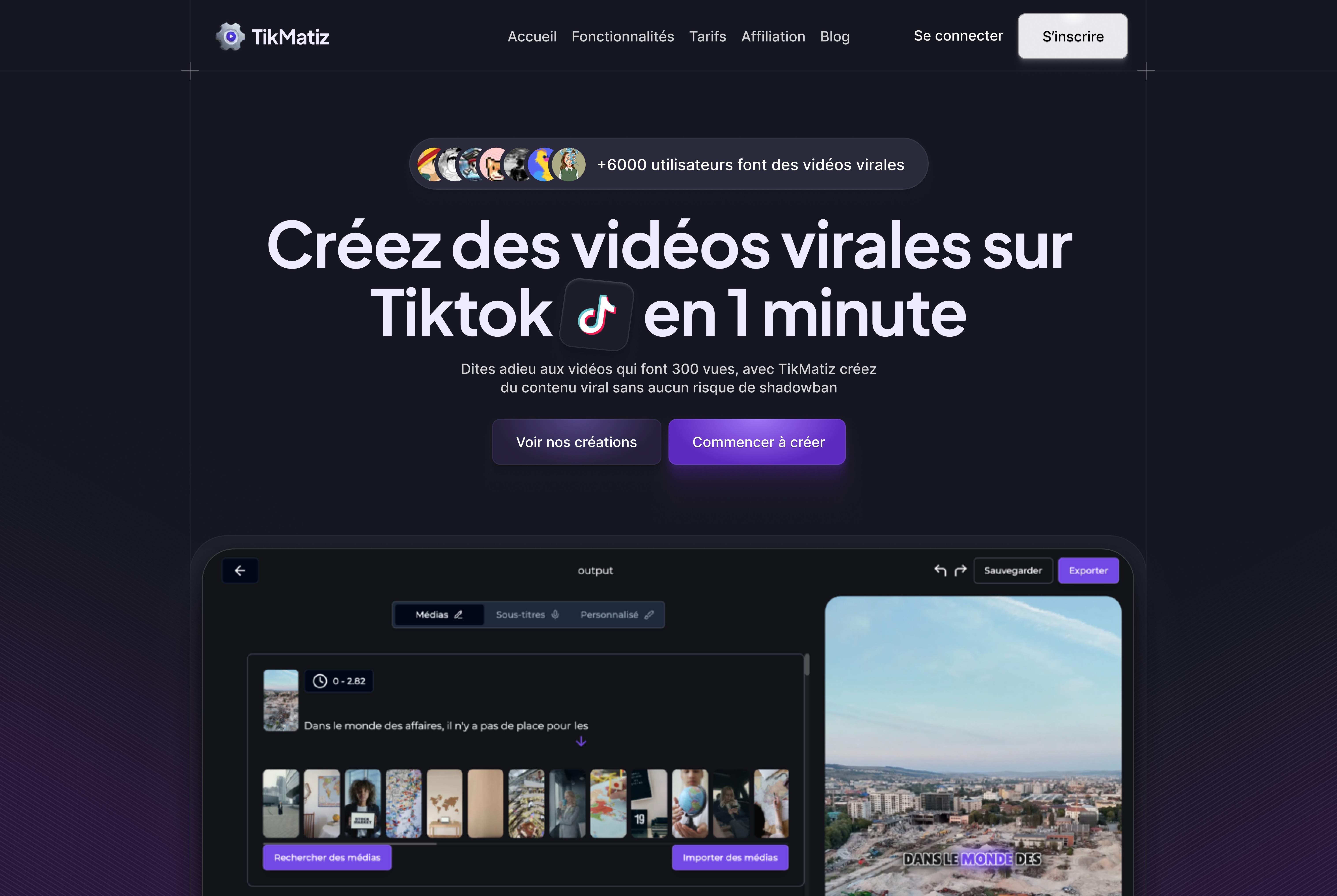 Hero section du site de TikMatiz 