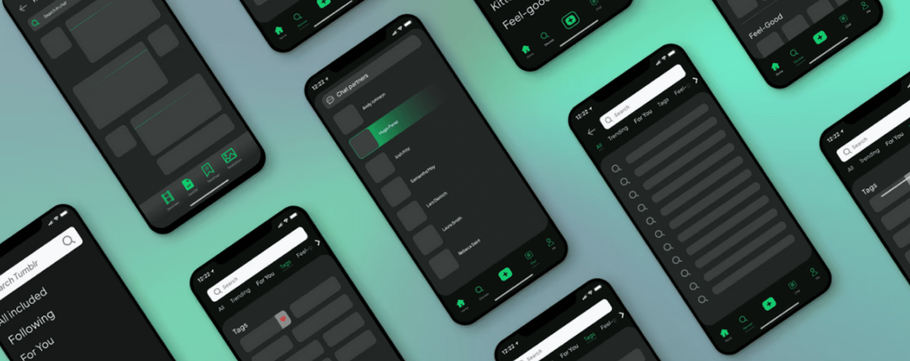 Mockups of mobile app user interfaces with dark mode design, showing various screens and functions on smartphones.