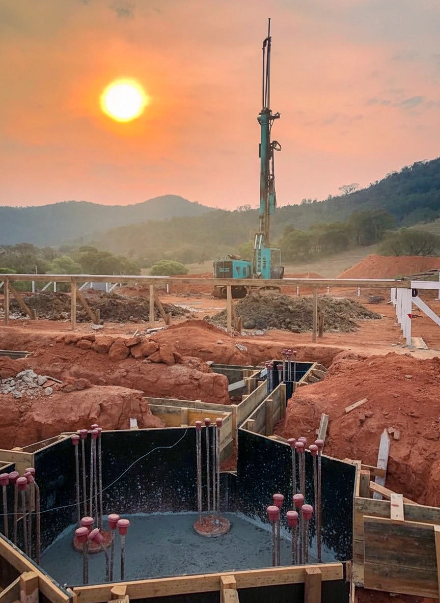 Visão do primeiro plano mostrando as formas de madeira (fôrmas) e armaduras de aço para a fundação de um pilar de concreto, preenchido com concreto fresco. Ao fundo, a máquina perfuratriz se projeta contra um pôr do sol alaranjado sobre montanhas.