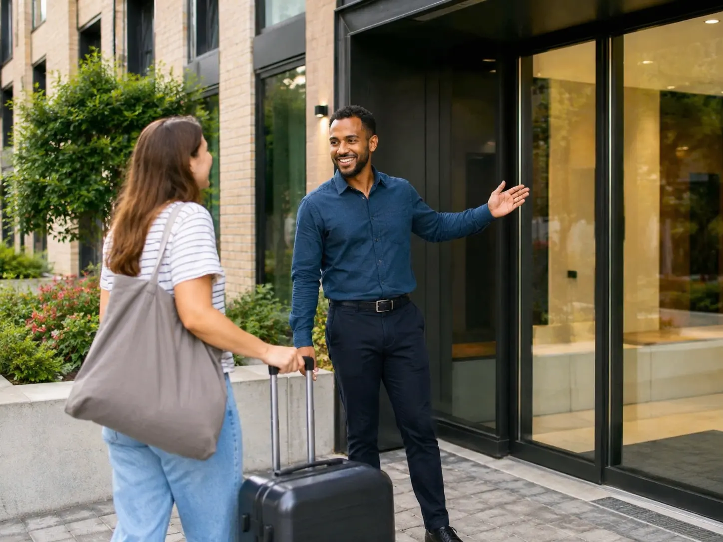 Student arriving with luggage and being welcomed by a trusted accommodation provider at a modern student residence in Europe