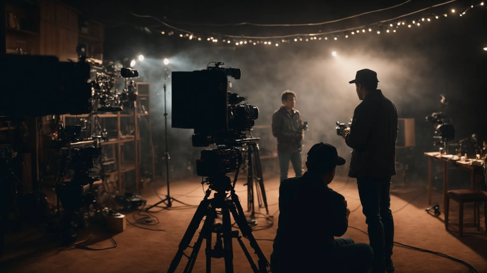 a director and cinematographer collaborate behind a camera overlooking an elaborate set, adjusting lighting to capture the mood of a music video.