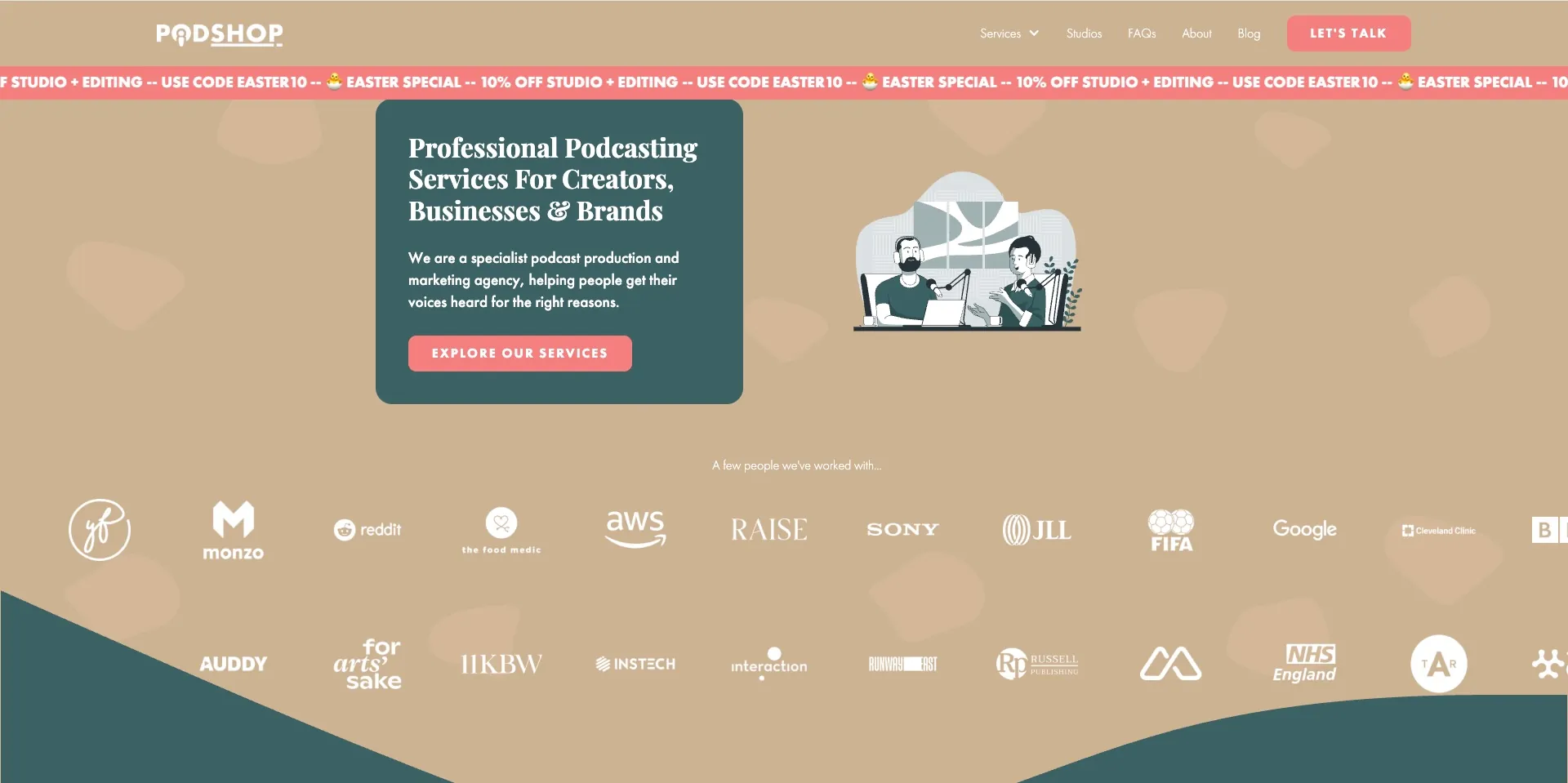 Screenshot of the homepage for Podshoponline based in Shoreditch, analysed in this guide alongside Creative Kin Podcast Studio’s proximity to Canary Wharf and ExceL London.