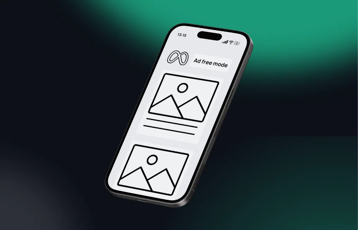 Illustration of a smartphone screen displaying Meta’s interface with an ‘Ad free mode’ label, symbolizing the company’s experiment with subscription-based, ad-free experiences.