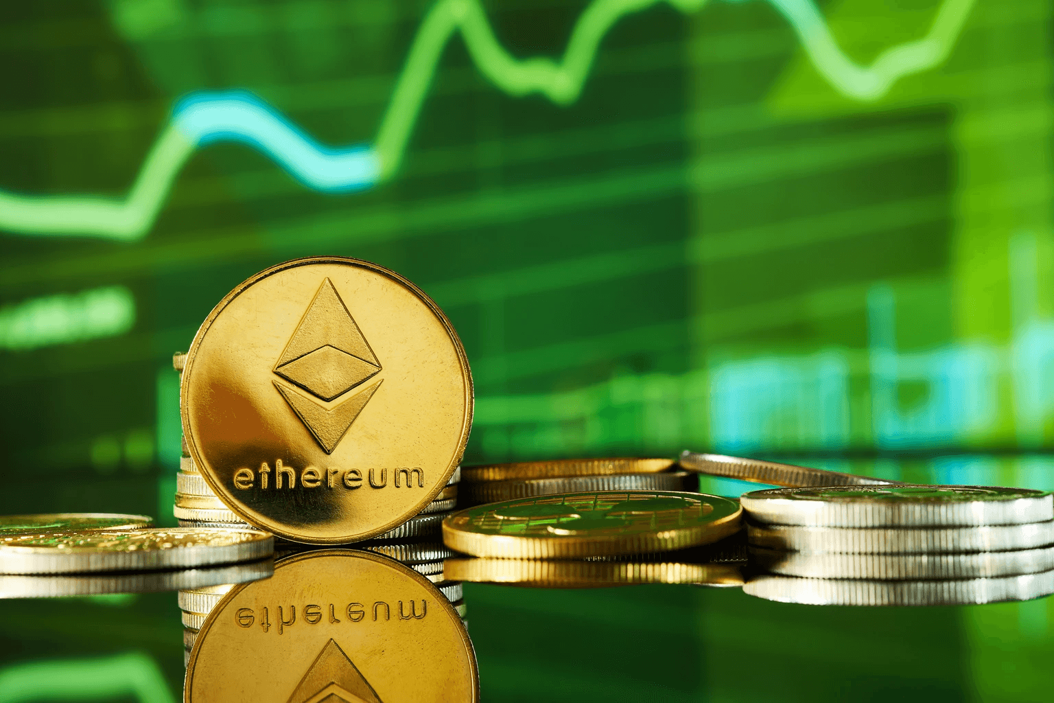Ethereum coins against green stock chart - Ethereum Tokenomics