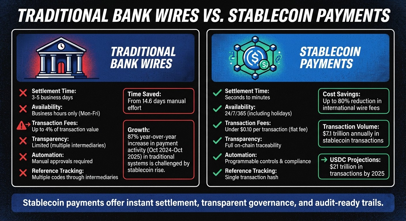 Traditional Bank Wires vs Stablecoin Payments: Speed, Cost, and Availability Comparison