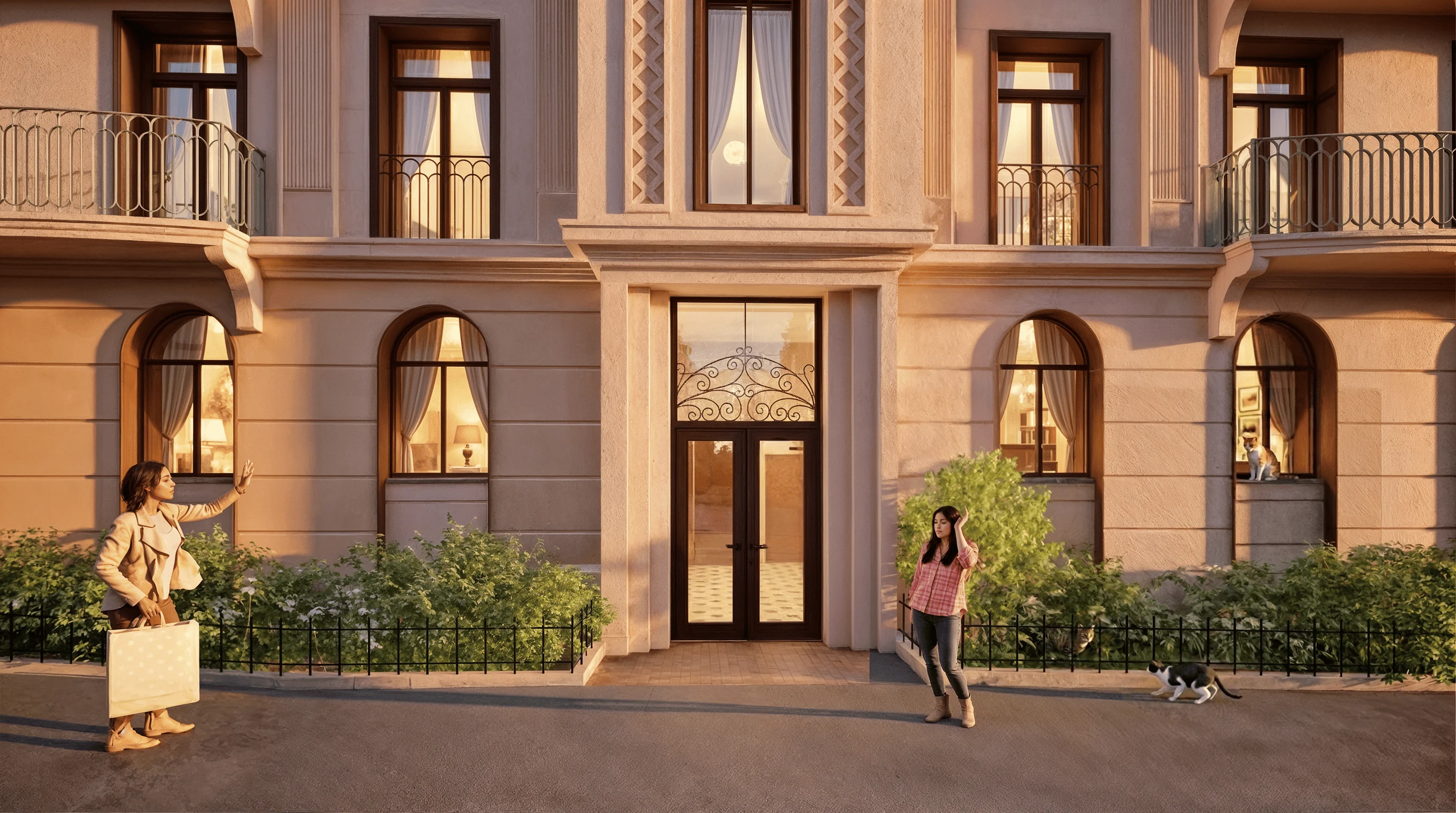 Øverste etasje med buede takvinduer og klassiske fasadedetaljer