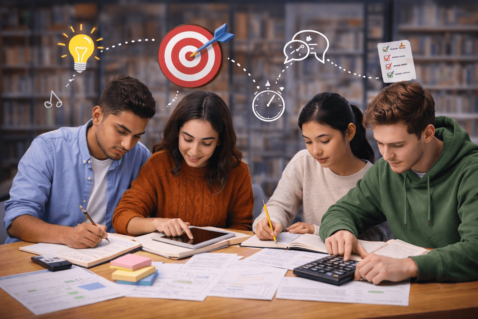 Kütüphane ortamında birlikte ders çalışan dört öğrenci, kitaplar ve notlar üzerinde çalışırken hedef, zaman yönetimi ve başarıyı simgeleyen ikonlarla desteklenen bir çalışma sahnesi