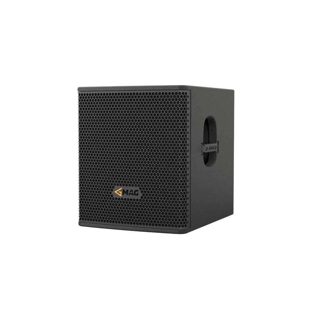 MAG speaker with black grille and cutout handle