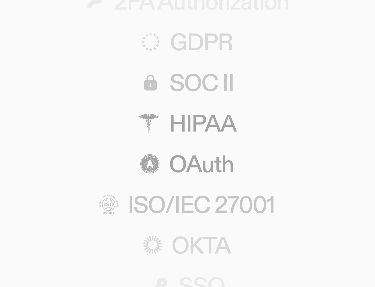 List of security standards and protocols, including GDPR, SOC II, HIPAA, OAuth, ISO/IEC 27001, and others, which are essential for enterprise security compliance.