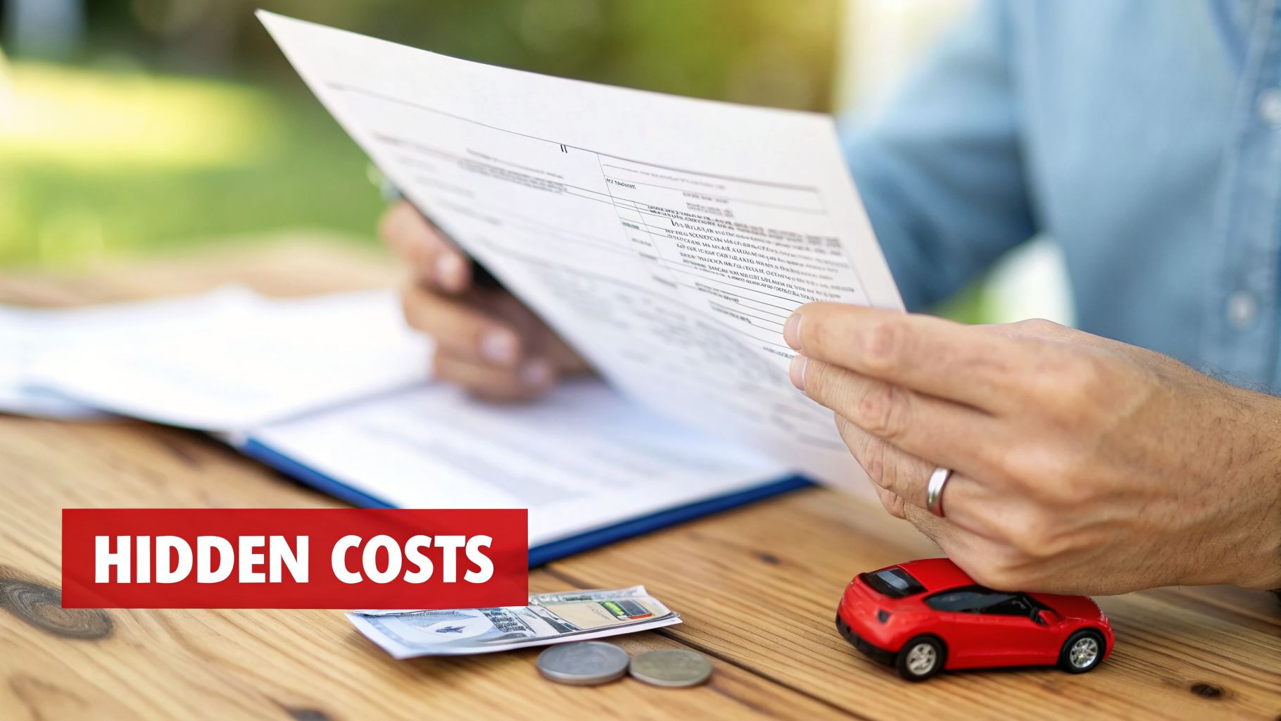 A person reviews documents on a wooden table with 'HIDDEN COSTS' text, money, and a toy car.