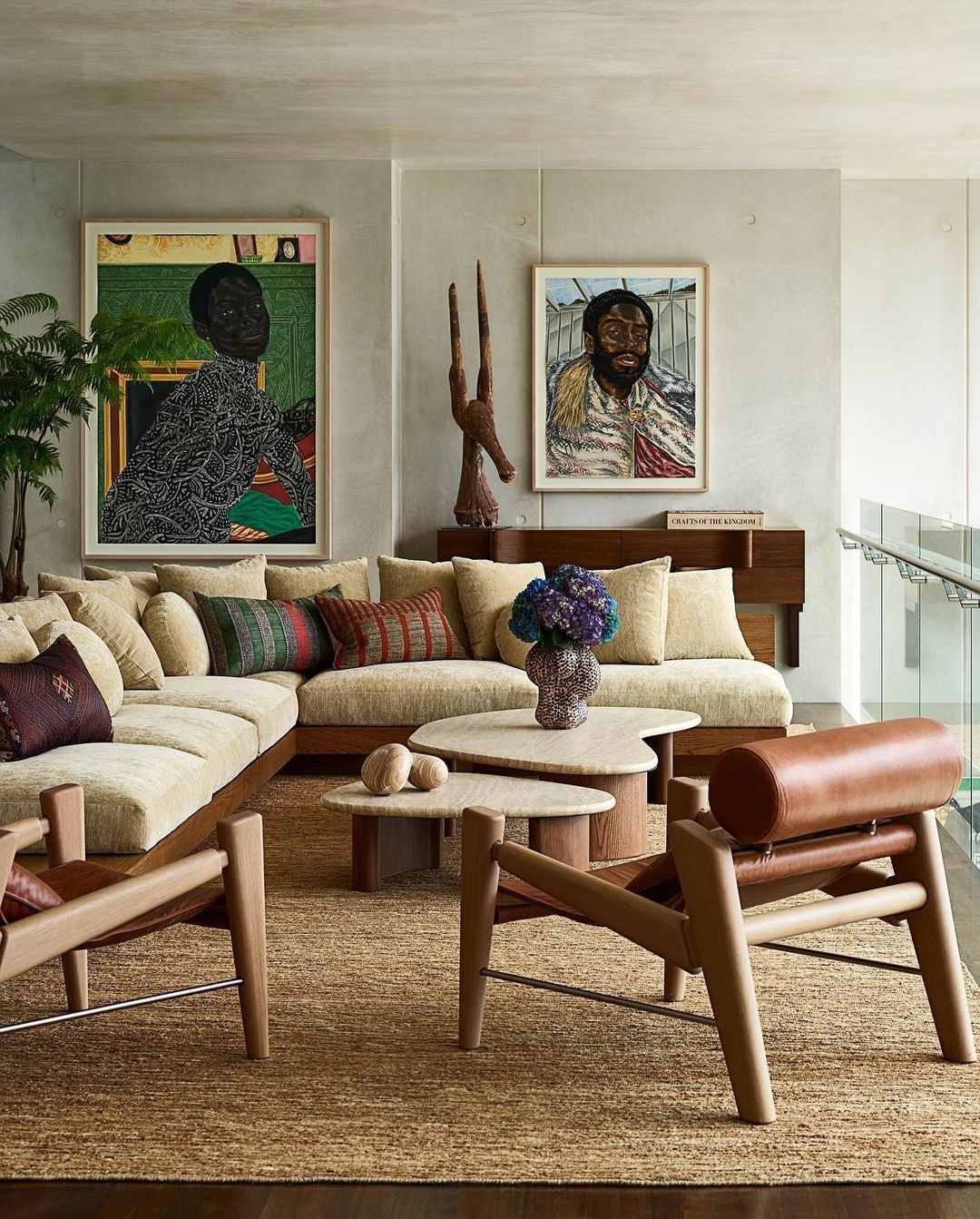 Warm-toned architectural space with layered wooden elements and diffused light