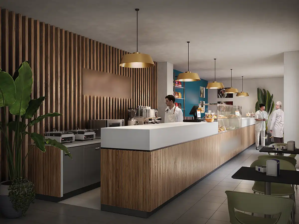 Modern café counter with vertical wooden slat wall, pastry display case, and gold pendant lights. Contemporary interior design for café or lounge bar.