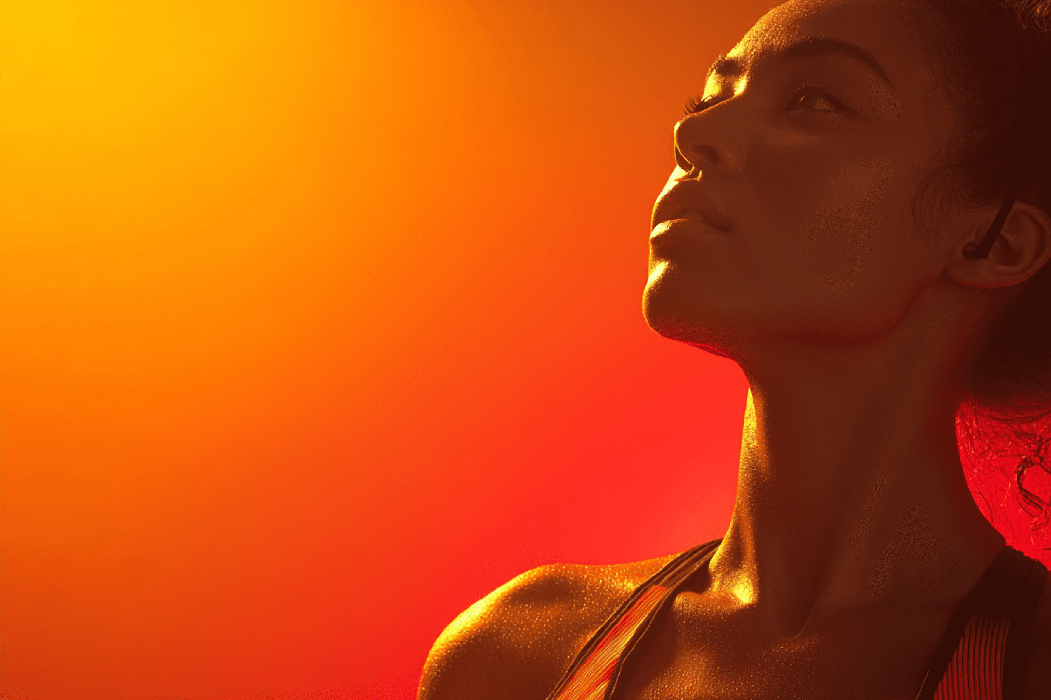 fitness portrait people working with gym equipment, looking slightly upward confidently, smooth skin, dramatic lighting, vibrant red to orange gradient background, warm glowing atmosphere, sci-fi AI aesthetic, high fashion editorial photography, cinematic lighting, ultra detailed, octane render
