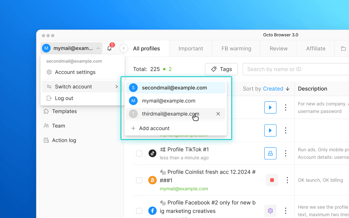 You can add an account or switch to an already existing one using the menu in the upper-left corner.
