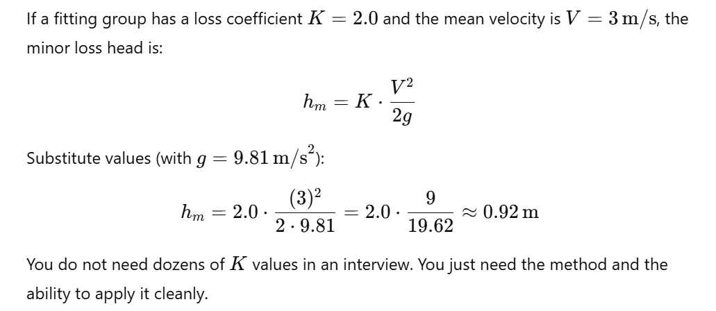 Calculate minor loss head
