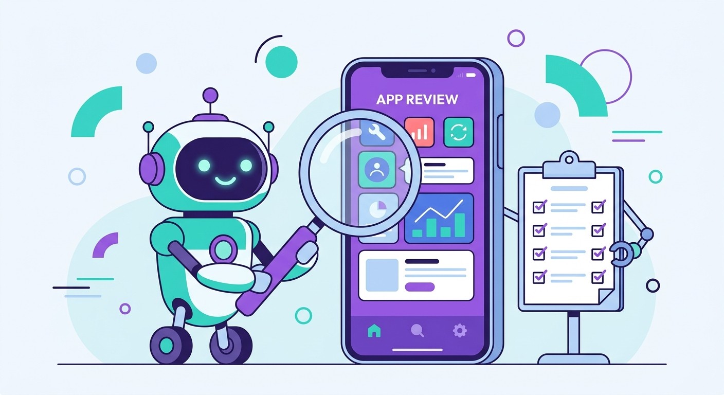 Illustration of the CatDoes App Store Review agent inspecting a mobile app with a magnifying glass and checklist