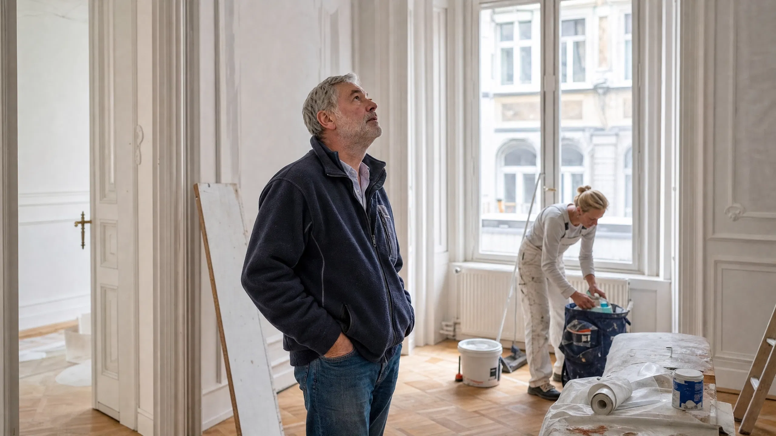 Ein Vermieter begutachtet nachdenklich eine im Umbau befindliche Altbauwohnung in Wien, während eine Handwerkerin im Hintergrund Renovierungsarbeiten abschließt.