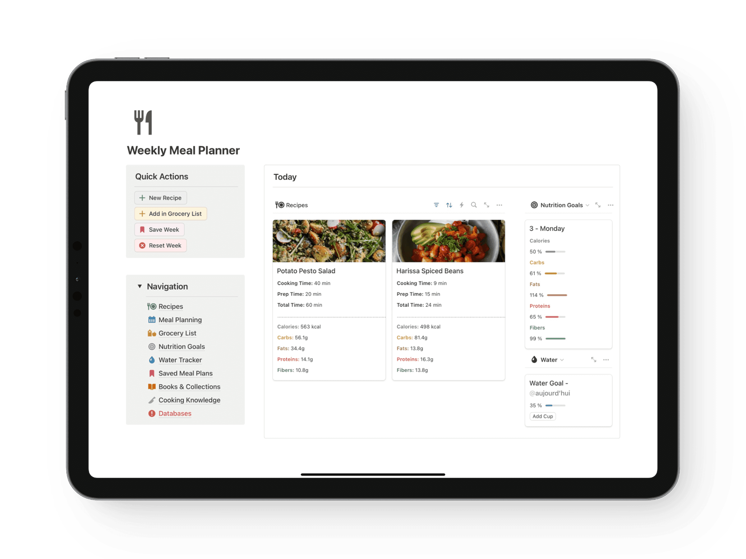 The Weekly Meal Planner template inside an iPad tablet
